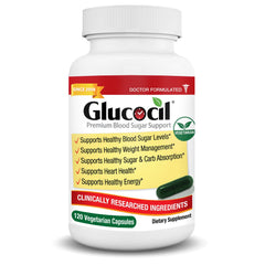 Glucocil frente de empaque mostrando botella y beneficios visibles