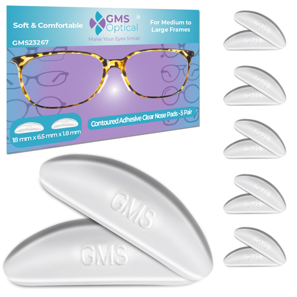 GMS Optical empaque frontal mostrando cinco pares, fácil reemplazo