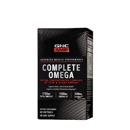 GNC AMP Complete Omega, bote de suplemento, apoyo a la salud cardíaca y articular.