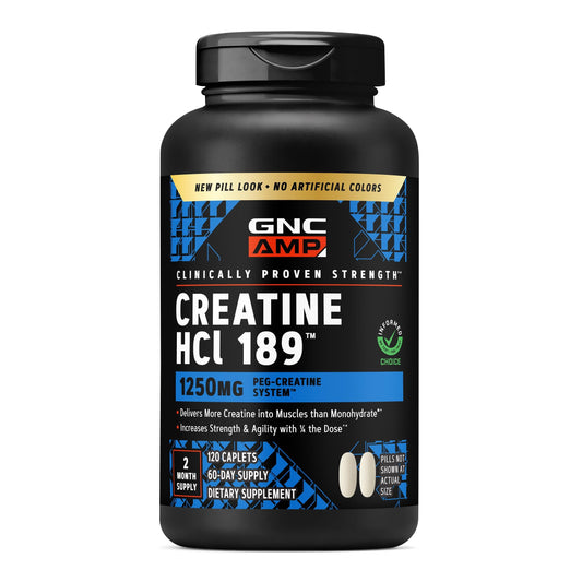 GNC envase frontal mostrando creatina HCl y beneficios de fuerza