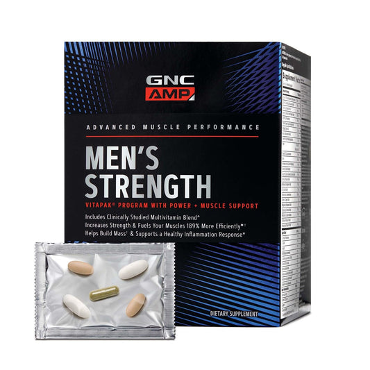 GNC AMP Hombres Strength Vitapak, pack tres en uno para fuerza y masa muscular.
