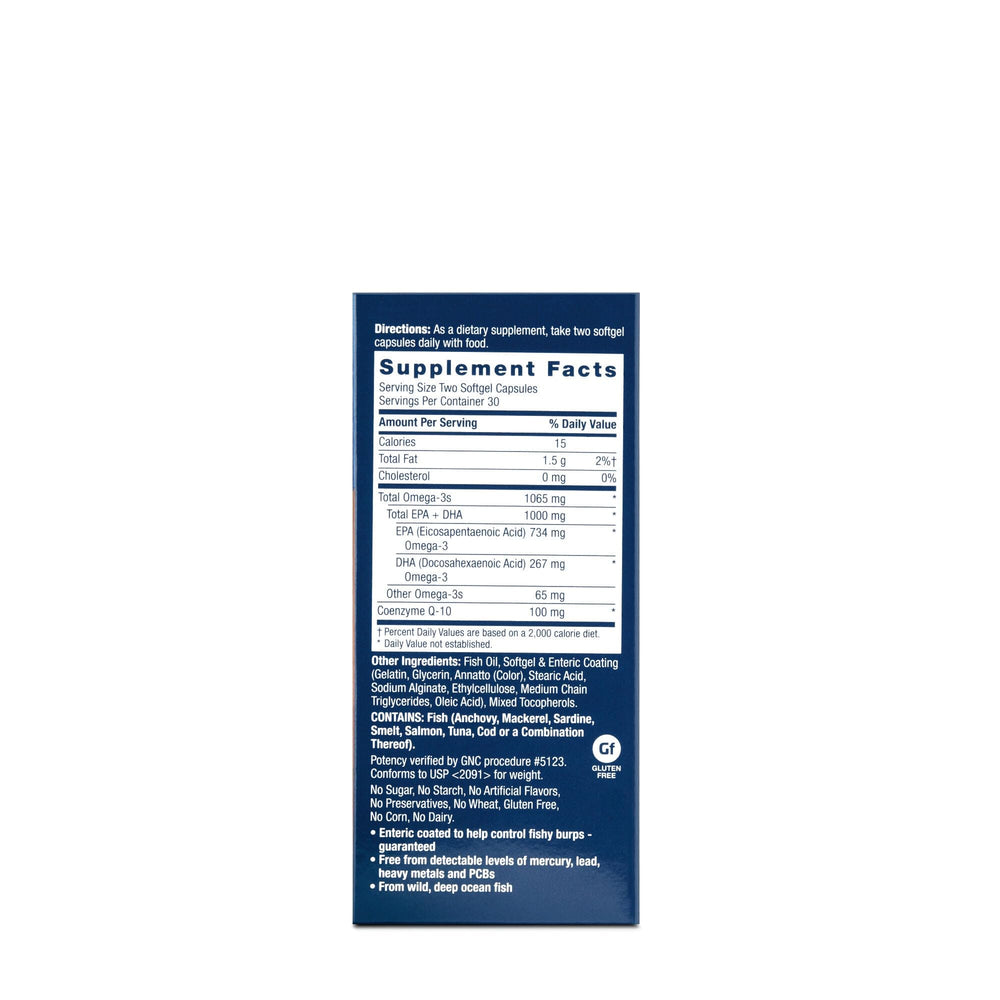 GNC Recubrimiento entérico en cápsulas, ayuda a reducir el sabor a pescado.