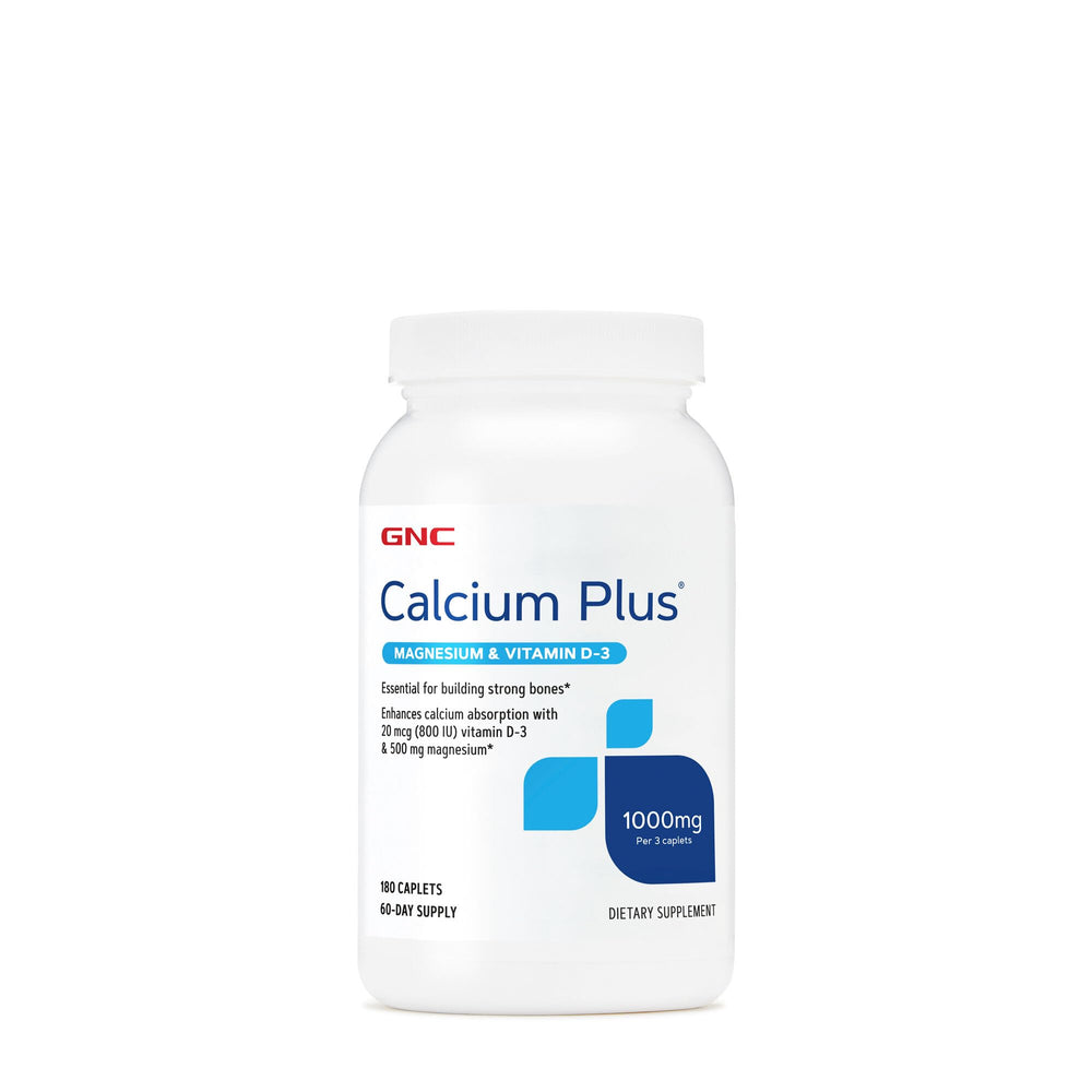 GNC envase frontal de Calcium Plus Magnesium & Vitamin D‑3 mostrando beneficios