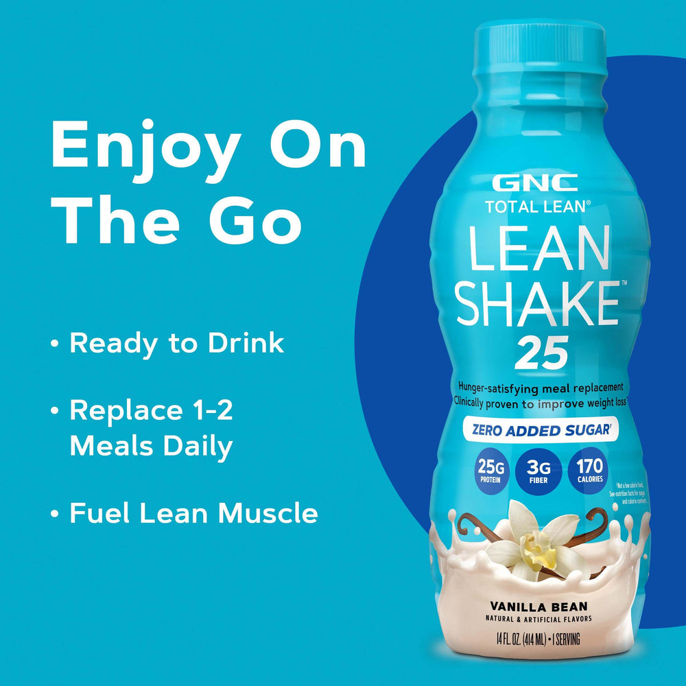 Botella de GNC Lean Shake 25 en mesa de desayuno para ilustrar uso como reemplazo de comida