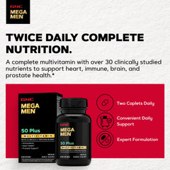 Etiqueta nutricional de GNC Mega Men 50 Plus con información de ingredientes clave
