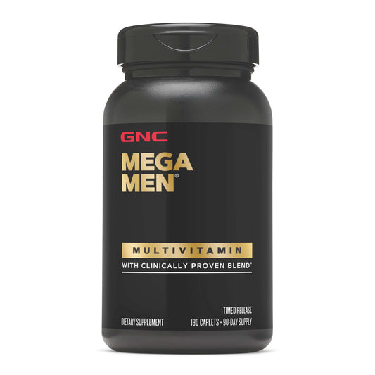 GNC Mega Men frontal del envase mostrando 180 caplets y beneficios claros