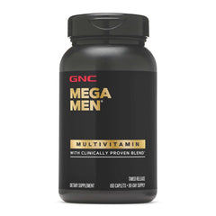 GNC Mega Men frontal del envase mostrando 180 caplets y beneficios claros