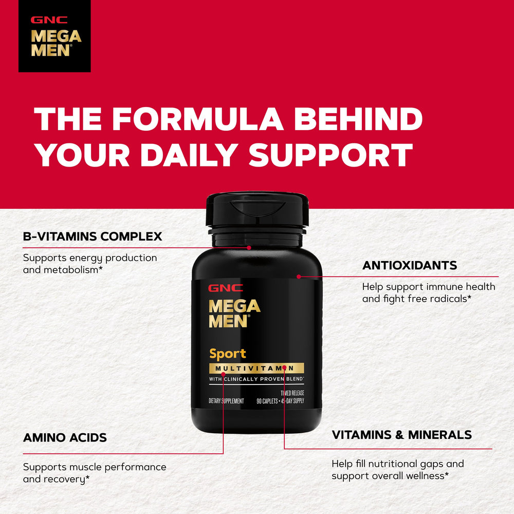 GNC Mega Men Sport frasco abierto mostrando 90 cápsulas disponibles