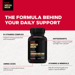 GNC Mega Men Sport frasco abierto mostrando 90 cápsulas disponibles