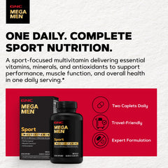 GNC Mega Men Sport ingredientes en polvo y BCAA destacando recuperación