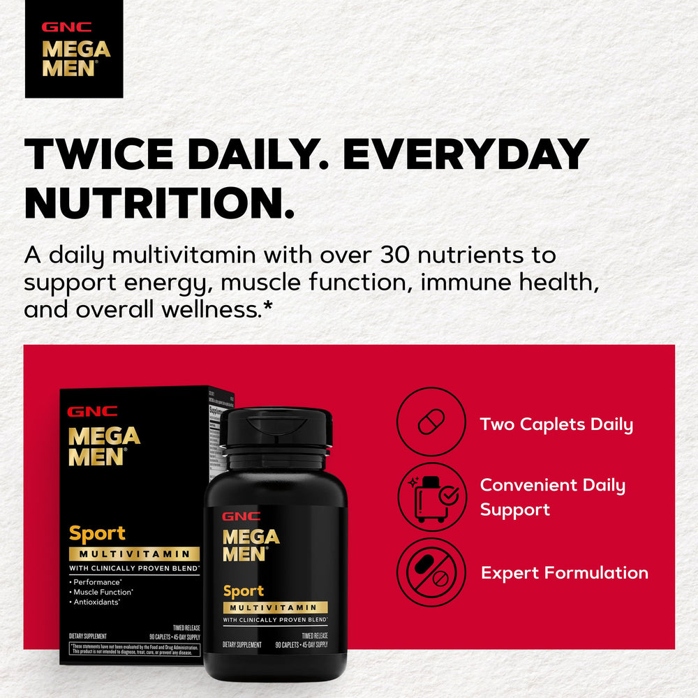 GNC Mega Men Sport usado por hombre en gimnasio apoyando rendimiento