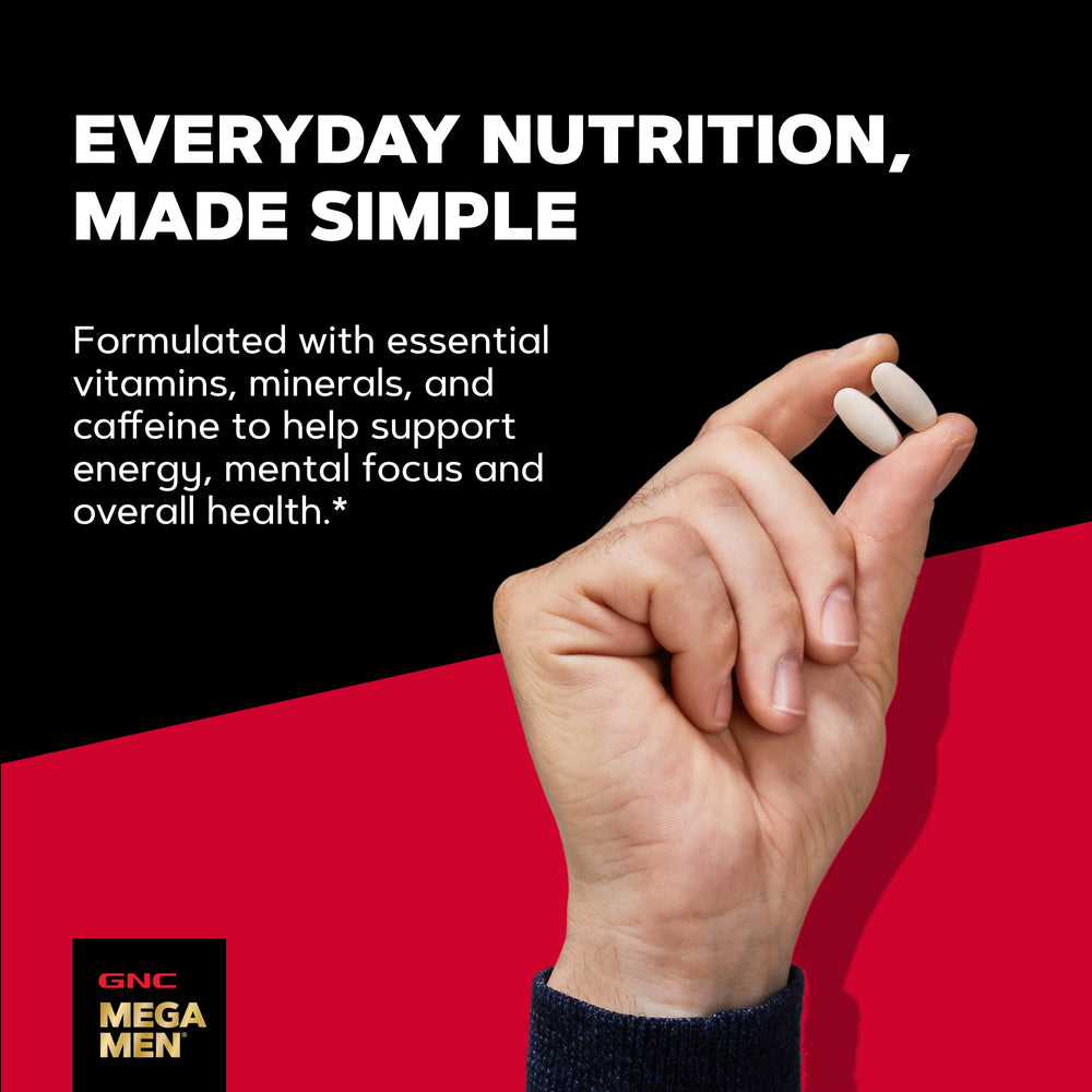 GNC Mega Men tableta en acercamiento destaca ingredientes activos y calidad