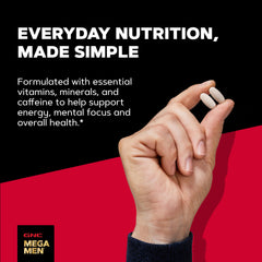 GNC Mega Men tableta en acercamiento destaca ingredientes activos y calidad