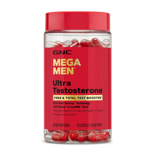 GNC Mega Men Ultra Testosterone vista frontal del envase, identificación clara del producto