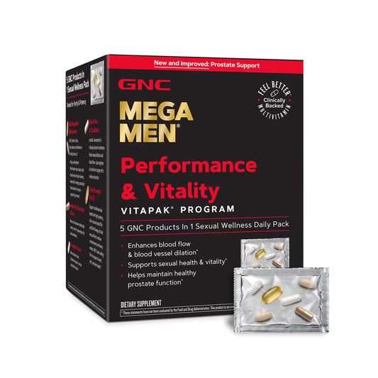 GNC Mega Men Vitapak frontal mostrando caja y sobres, conveniente para viajes