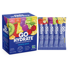 GoHydrate paquete frontal mostrando 30 sobres y beneficio de hidratación rápida