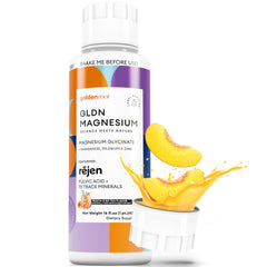 GoldenRoot GLDN jarabe frontal botella mostrando etiqueta y beneficio de absorción