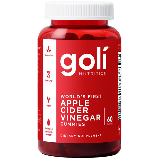 Goli Apple Cider Vinegar Gummy bottle on a kitchen counter, may support energy metabolism.