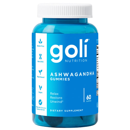Goli Ashwagandha Gummies en envase, sabor frutos rojos, apoyo diario al bienestar.