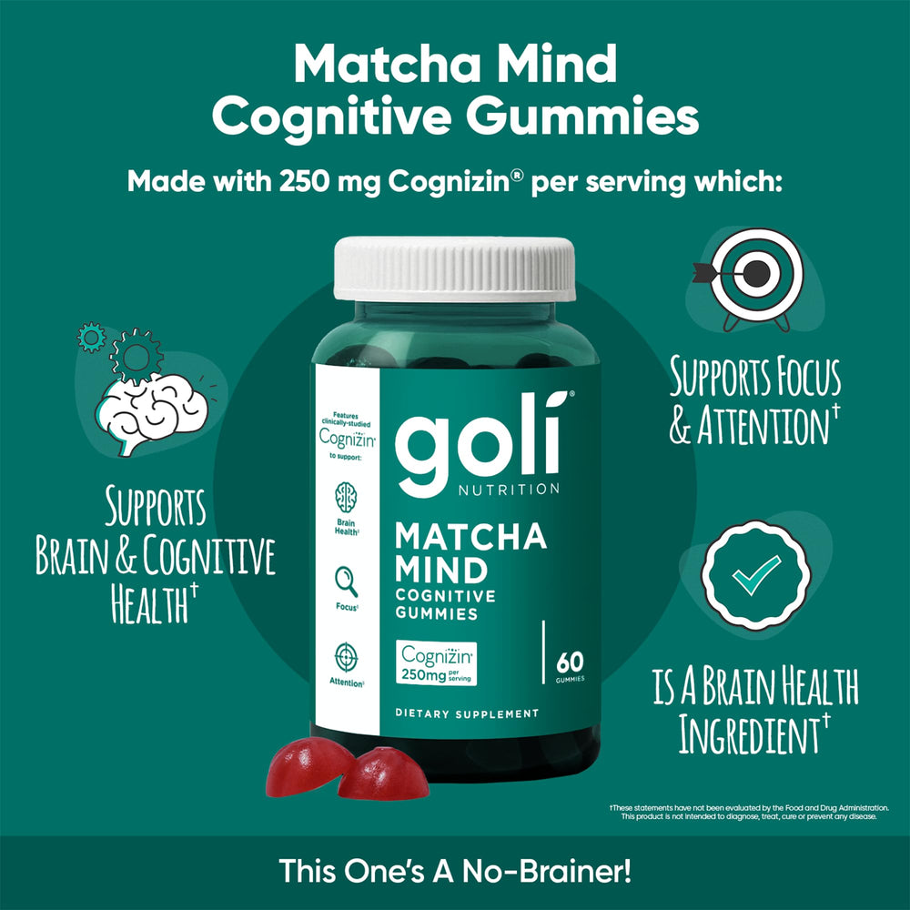 Goli Matcha Mind Gummies con Cognizin para enfoque durante la jornada.
