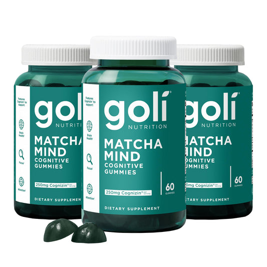 Goli Matcha Mind Gummies envasado de 180 gomitas para enfoque diario.