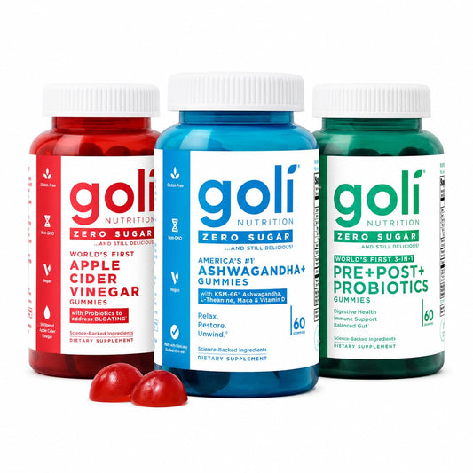 Goli frascos frontales mostrando las tres fórmulas y beneficio práctico