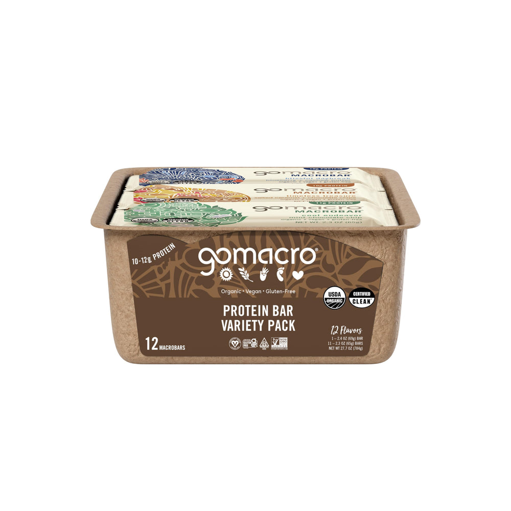 GoMacro comparación de tamaño junto a mano para apreciar porción y conveniencia
