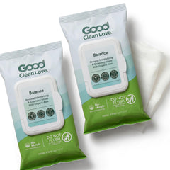 Good Clean Love paquete frontal que muestra 60 toallitas y conveniencia