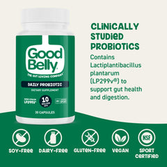 GoodBelly polvo interior de cápsula ilustra pureza y cepa LP299v