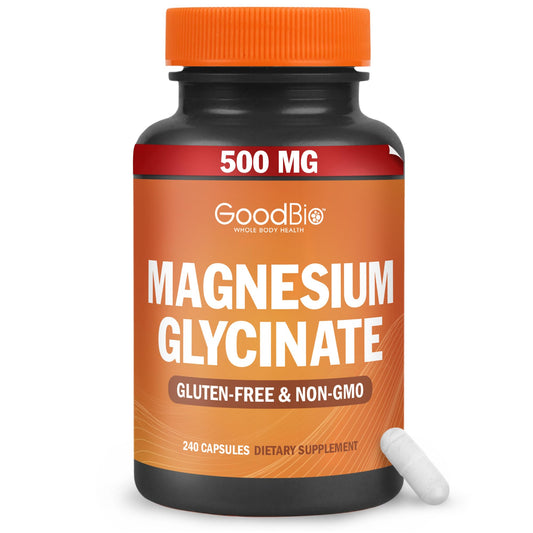 GOODBIO Magnesium Glycinate 500mg bottle for daily stress support.