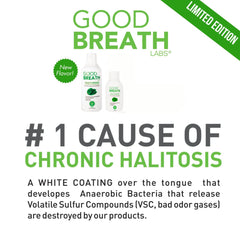 Good Breath Labs botella en un baño luminoso para un ambiente de rutina saludable