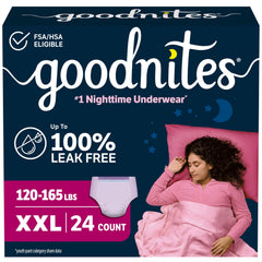 GoodNites embalaje frontal mostrando marca y cantidad, ofrece protección nocturna