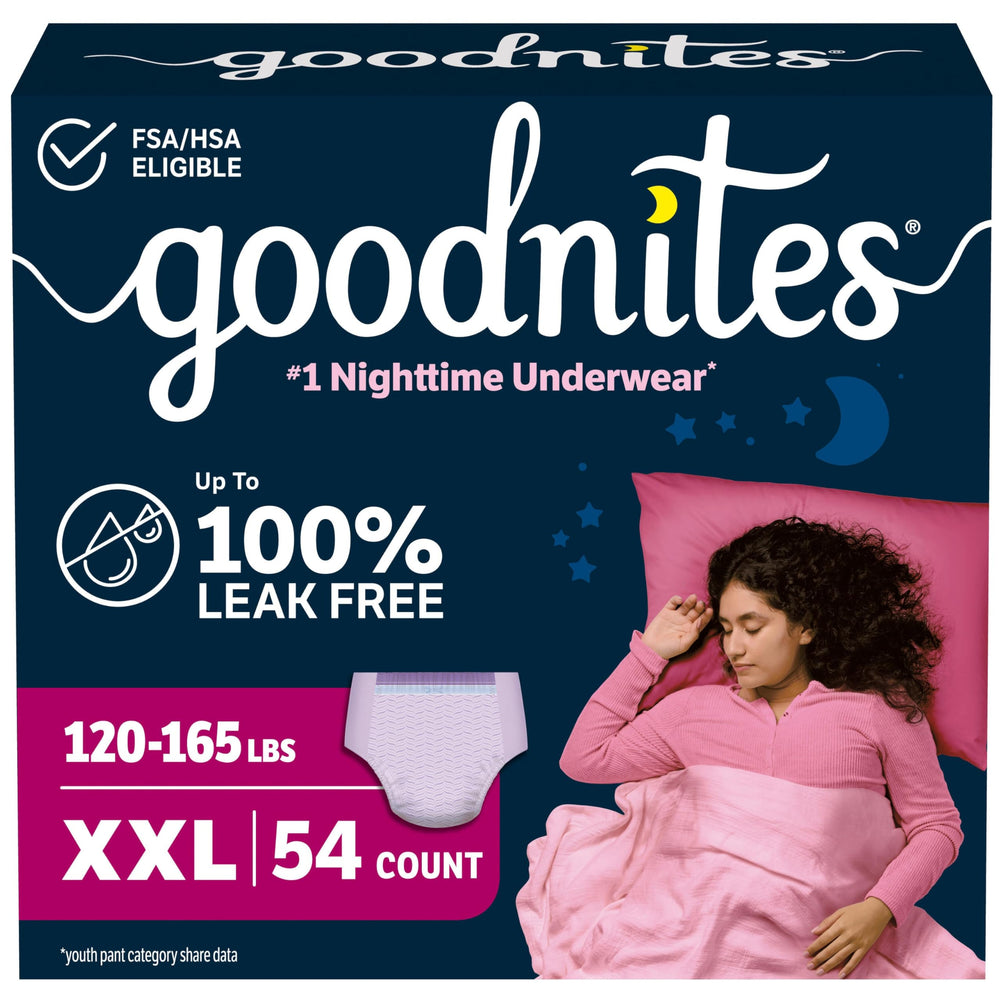 GoodNites empaque frontal mostrando talla XXL y 54 unidades para seguridad nocturna
