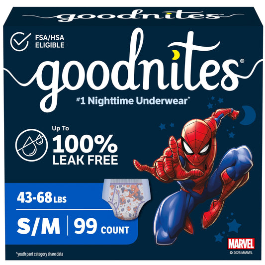 GoodNites empaque frontal mostrando 99 unidades y beneficios visibles