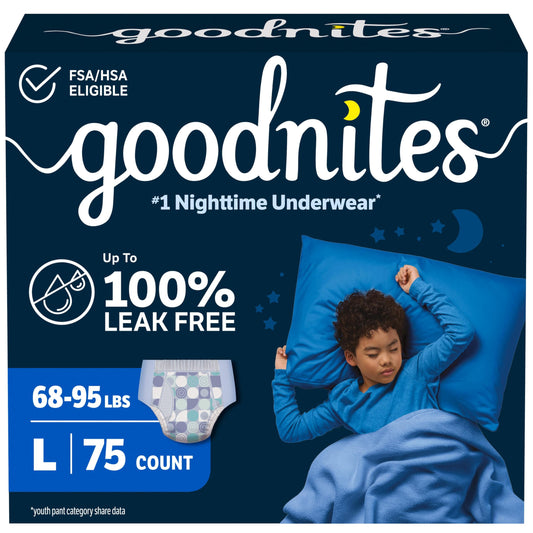 GoodNites empaque frontal mostrando 75 unidades y beneficio de protección nocturna