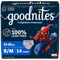 GoodNites paquete frontal con diseño Spider-Man que transmite seguridad nocturna