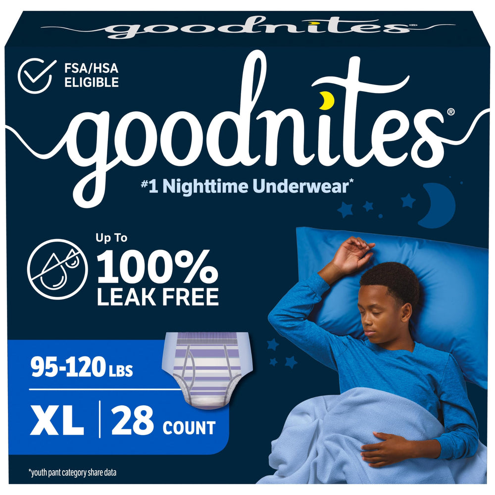 Goodnites empaque frontal XL que muestra cantidad y talla para protección nocturna