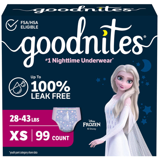 GoodNites paquete frontal mostrando 99 unidades y caja visible, tranquilidad nocturna