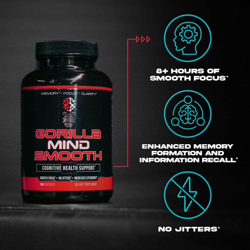 Gorilla Mind Smooth bote sobre escritorio con portátil, promueve productividad continua
