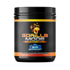 Gorilla Mind Gorilla Mode bote frontal sabor blue raspberry mostrando etiqueta y beneficios