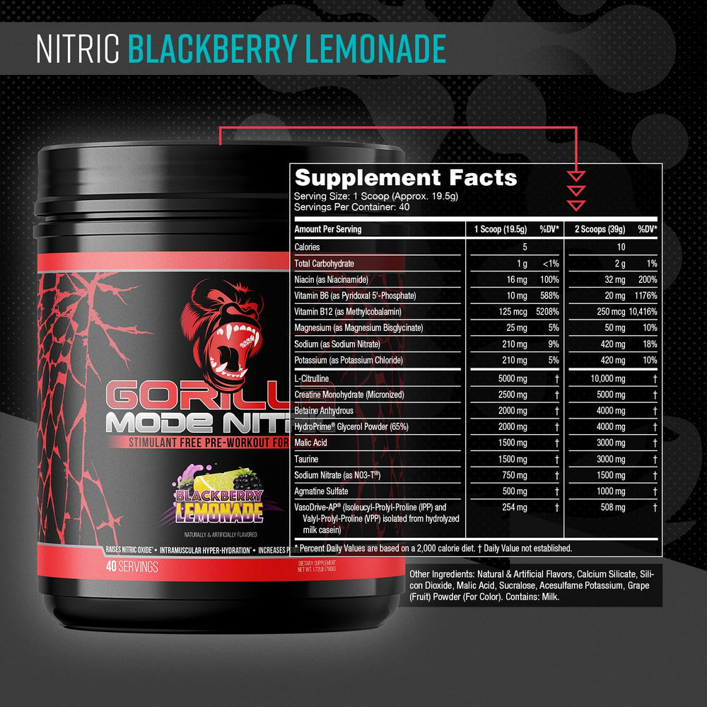 Gorilla Mind Gorilla Mode Nitric detalle del polvo fino para mezcla uniforme y sabor consistente