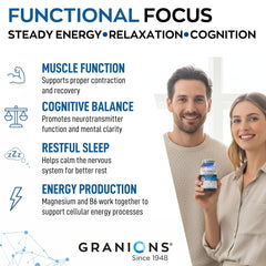 Granions Triple Magnesium Complex - etiqueta frontal resaltando beneficios y dosis.