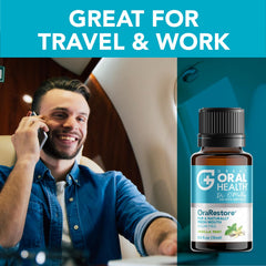 Great Oral Health comparación de tamaño 15 ml OraRestore junto a moneda para escala