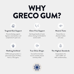 Greco Gum etiqueta con información de pureza y sin aditivos