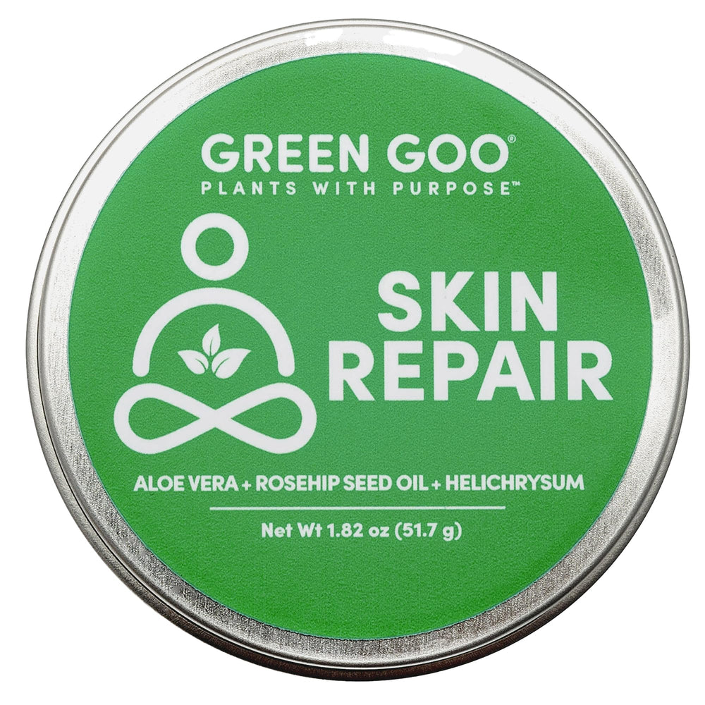 Green Goo envase frontal mostrando el bálsamo y beneficios