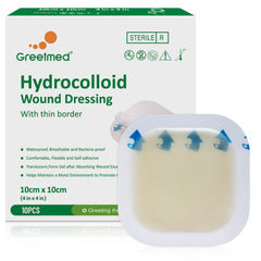 Greetmed paquete frontal mostrando 10 apósitos impermeables y tamaño grande