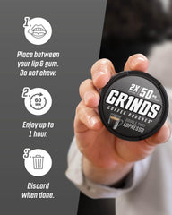 GRINDS etiqueta con la lista de 10 sabores indicando opciones variadas