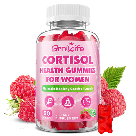 GrnLife frasco frontal de Cortisol Gummies mostrando etiqueta y beneficio relajación