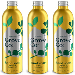 Grove Co. recarga frontal mostrando tres botellas y etiqueta clara