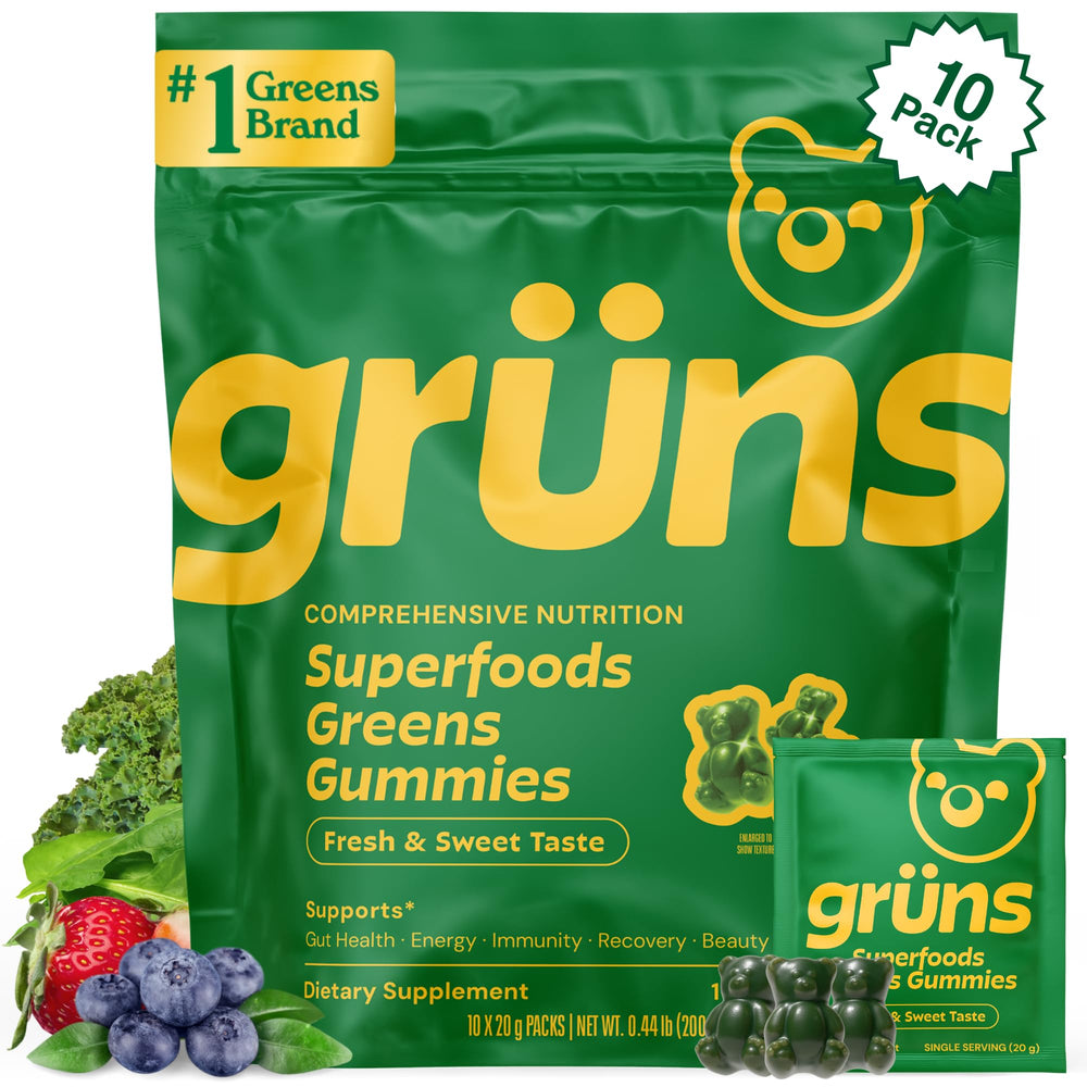 Grüns frente del paquete mostrando diseño y beneficios para conveniencia